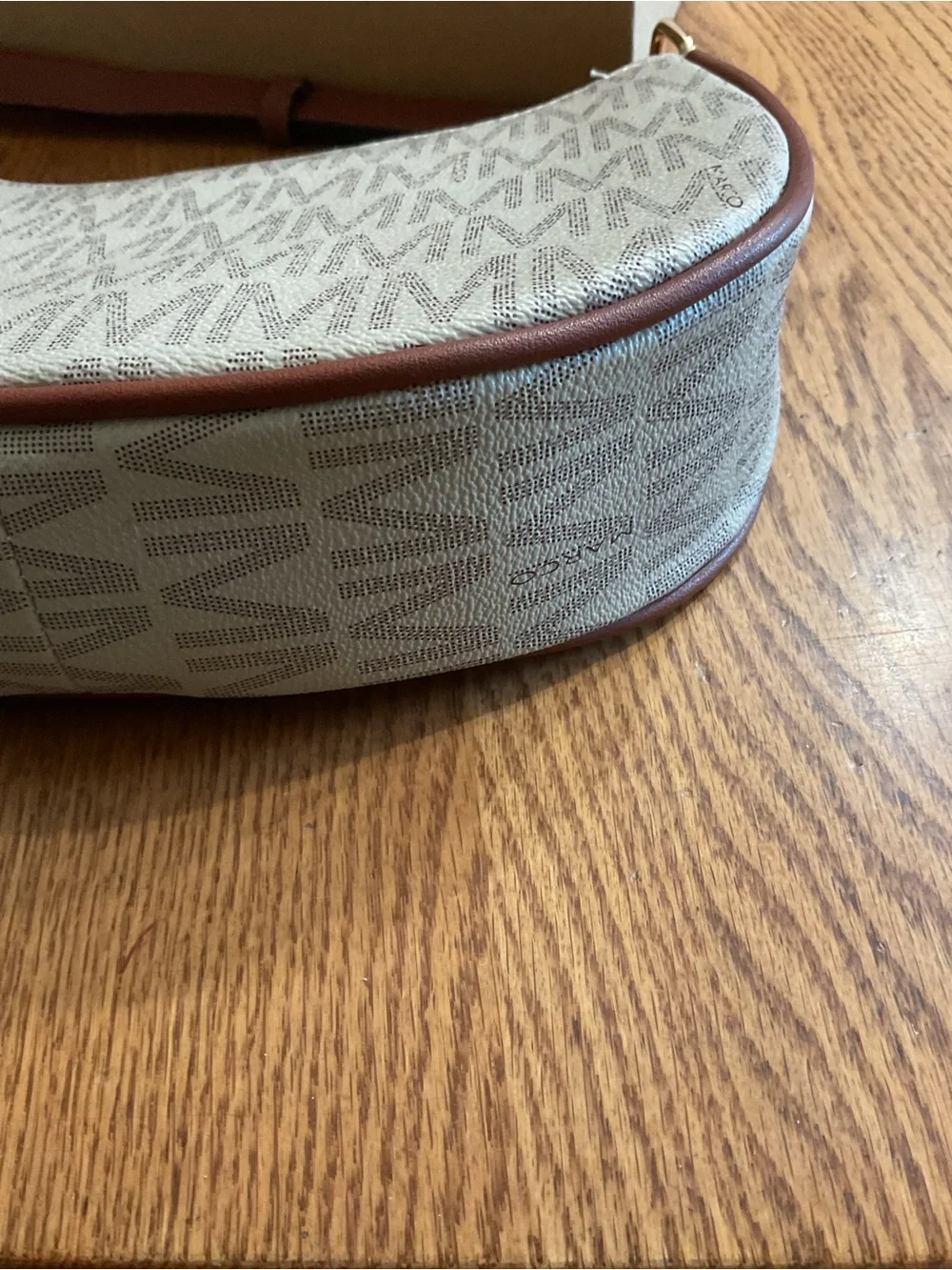 Monogram Crescent Shoulder Bag in Beige with Brown Trim